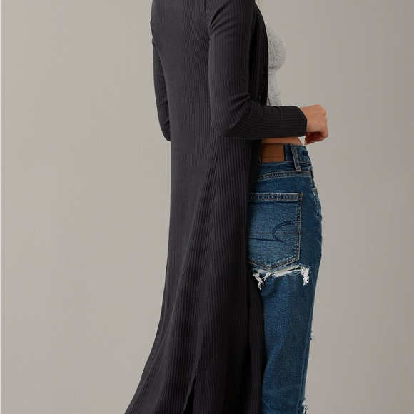American Eagle Outfitters Charcoal/Black Long Sleeve Long Duster Cardigan - Picture 6 of 9